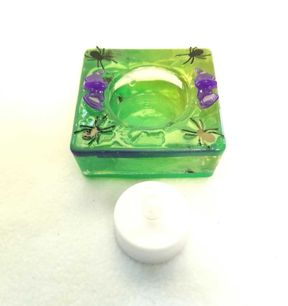 Square Green Candle Holder for a Battery Candle with Black Spiders and Purple Bats