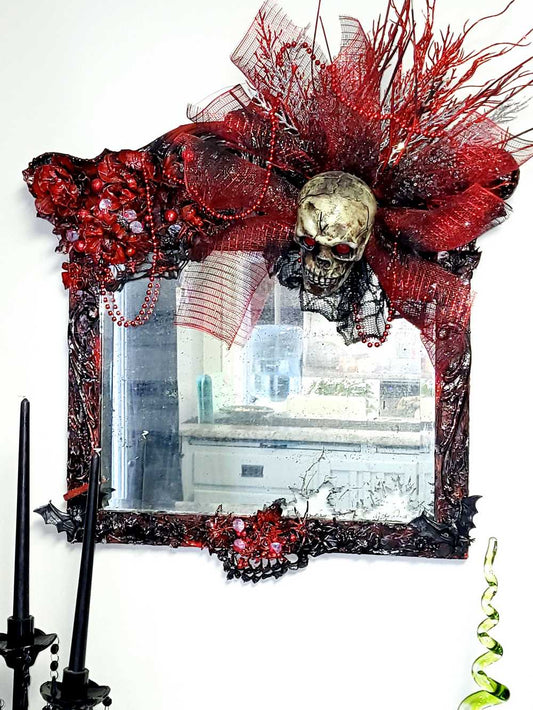 Large Antique Refurbished Skull Mirror in Red and Black with Bats & Spiders