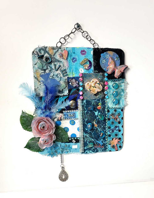 "SWEET TREAT" Wall Collage Hanger using Fabrics in Soft Blues and Teals, Wall Art