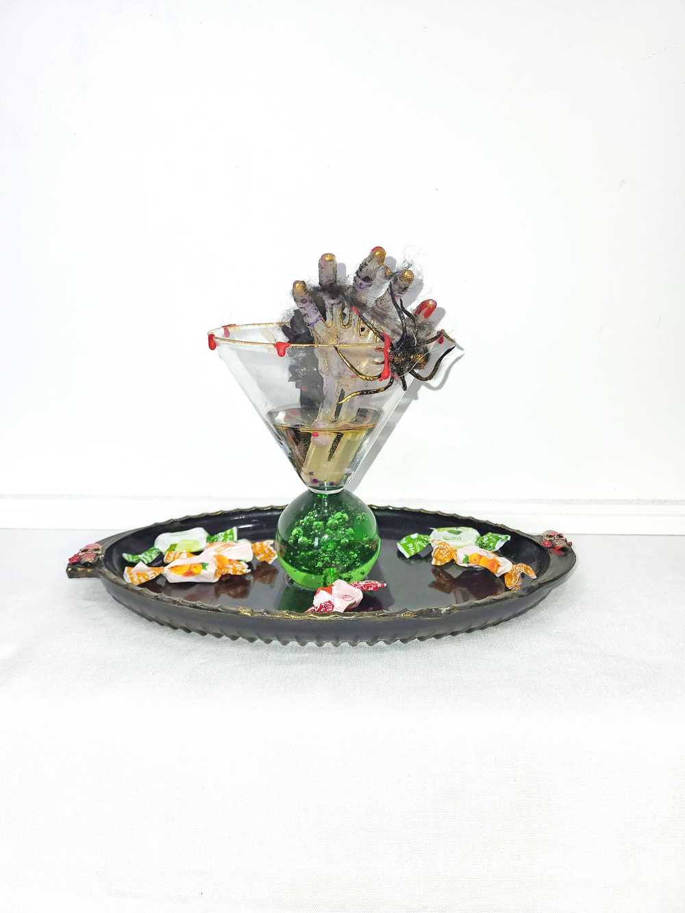 Creepy Halloween Cocktail Glass Recycled into a Candy Tray with Spiders & a Skeleton Hand