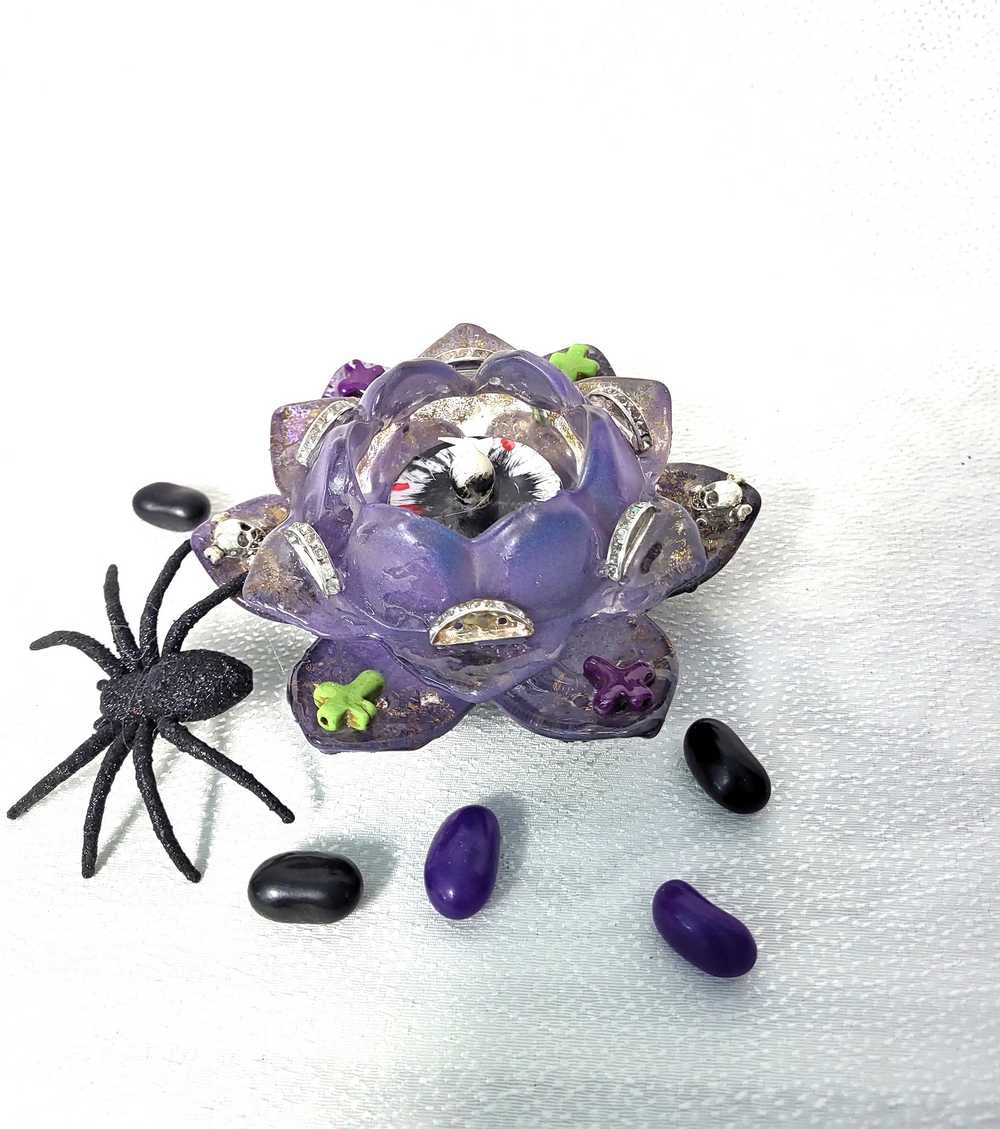 Rose Petal Glass Painted Purple Candle Holder for Battery Operated Candles with Cross & Bone Charms