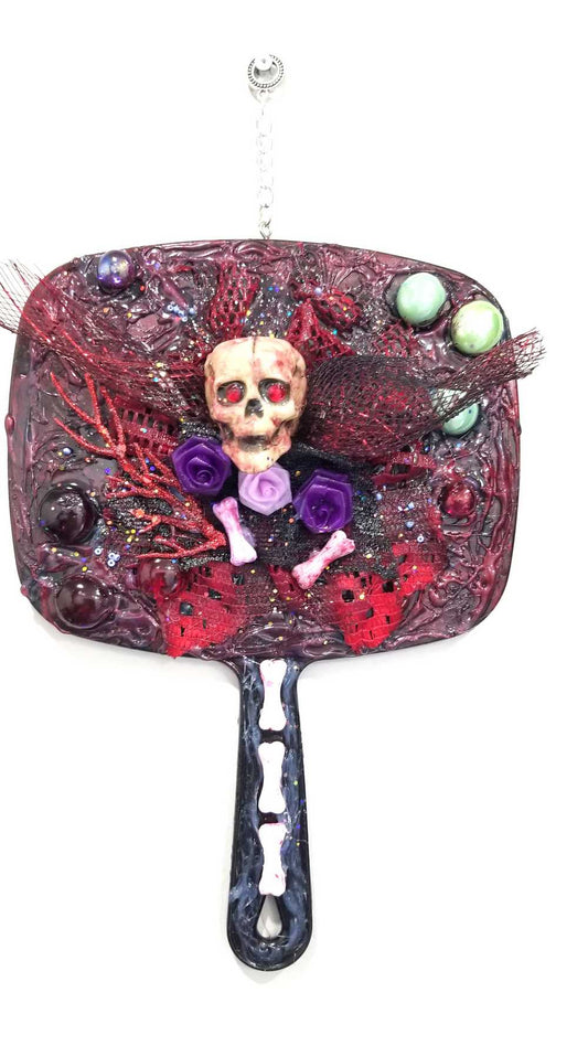 Black Hand Mirror, with Skull, Bones, Black & Red Lace, Goth Art