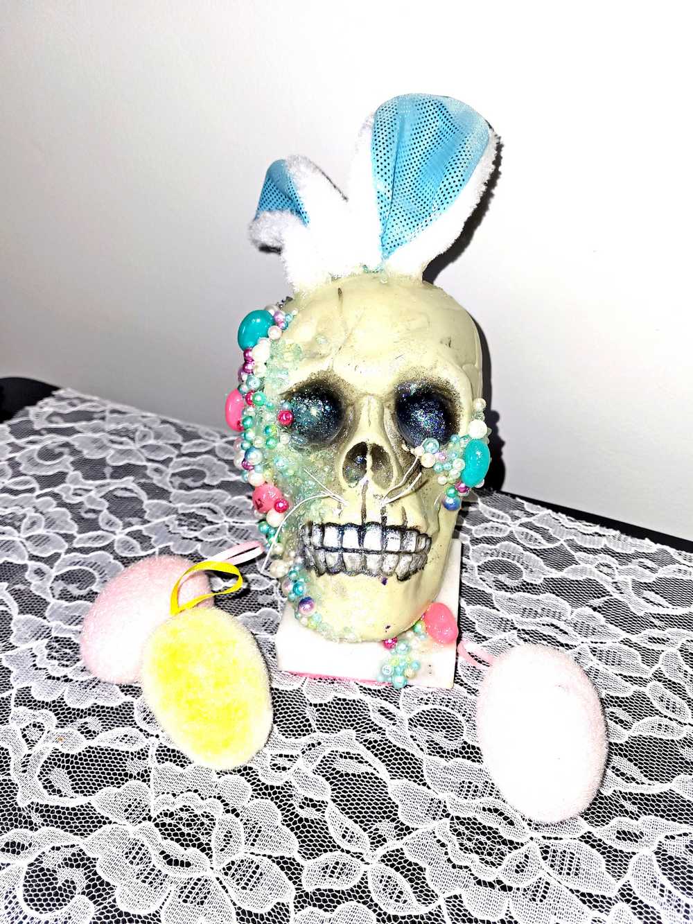 Resin Encased Easter Bunny Skull with Jelly Beans, Pearls & Glitter on a Marble Base