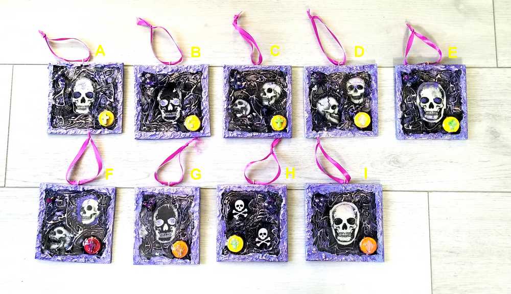 Purple and Black Skull Fabric Faces on Wood Ornaments For your Car, Window, School Locker or Christmas Tree