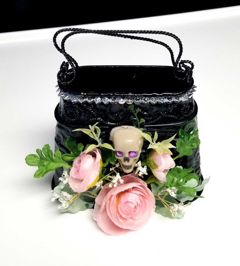 Black Metal Skull Container, with Pink Roses, Container for Dry/Silk Flowers