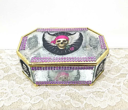 Beveled Cut Glass, Mirrored Jewelry Box with Purple Gem all around sides and a Fabric Skull with Wings