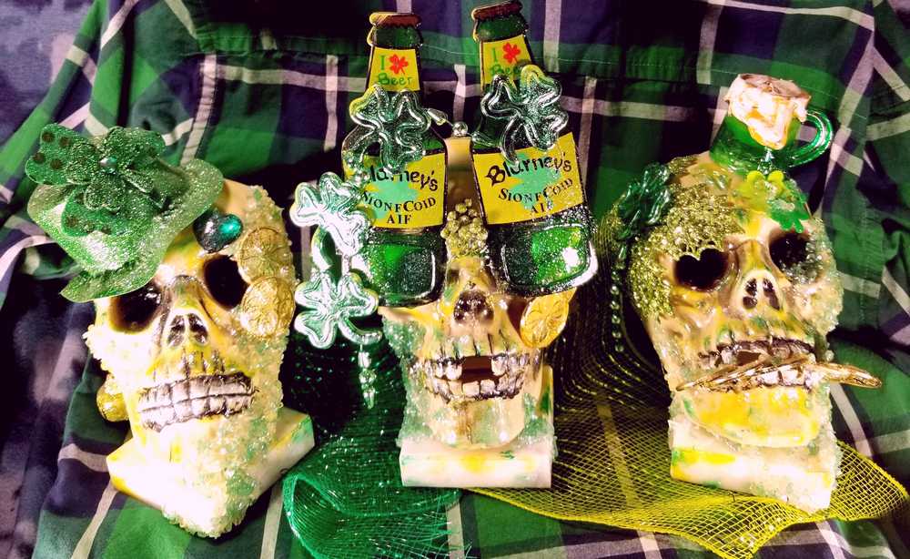 One of a Kind St. Patrick's Skull Decor, Green Beer Goggles, Missing Front Teeth and Shamrocks