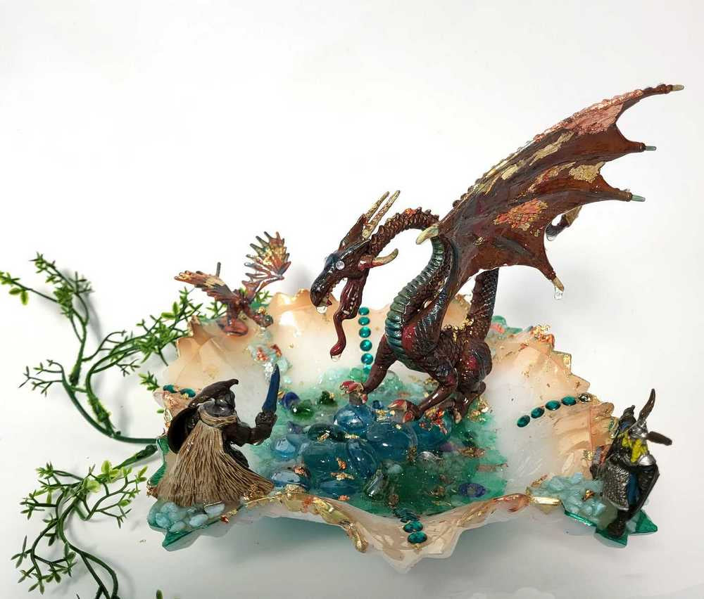 Fire-Breathing Dragon in Antique Glass Dish in a Fierce Fight for Survival