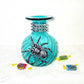 Intense Teal Glass Vase with Shining Silver Studs and a Textured 3D Spider