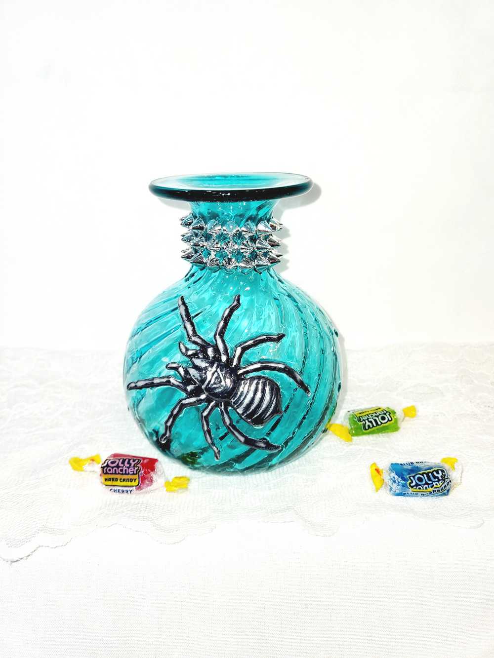 Intense Teal Glass Vase with Shining Silver Studs and a Textured 3D Spider