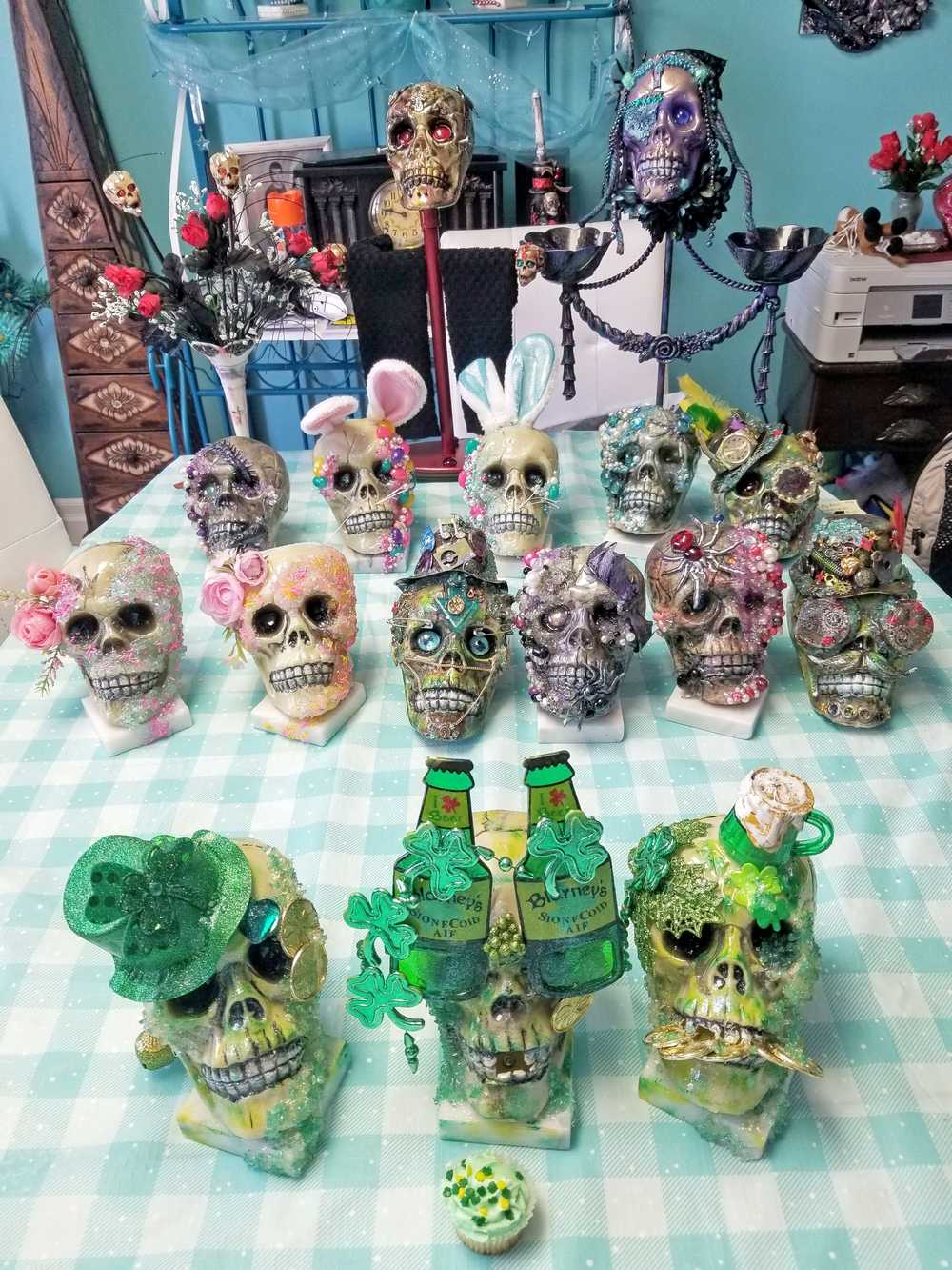 One of a Kind St. Patrick's Skull Decor, Green Beer Goggles, Missing Front Teeth and Shamrocks