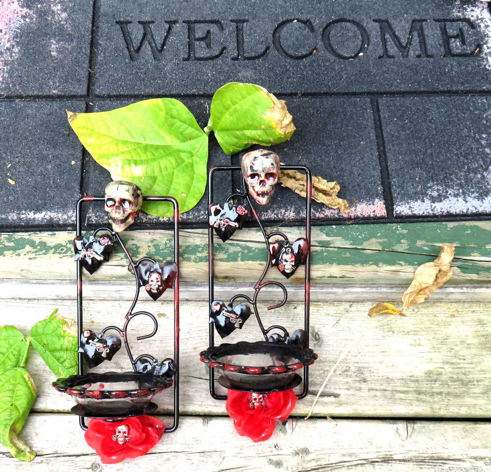 Wall Mounted Battery Candle Holder with Skulls & Red Roses, Glass Bowls Holds Two Battery Candles