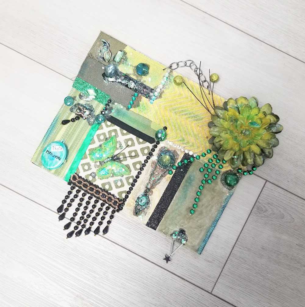 Decorative Collage of Green Fabrics, Recycled Jewelry, Flowers & Mini Picture Frame, Wall Art, Wall Hanging