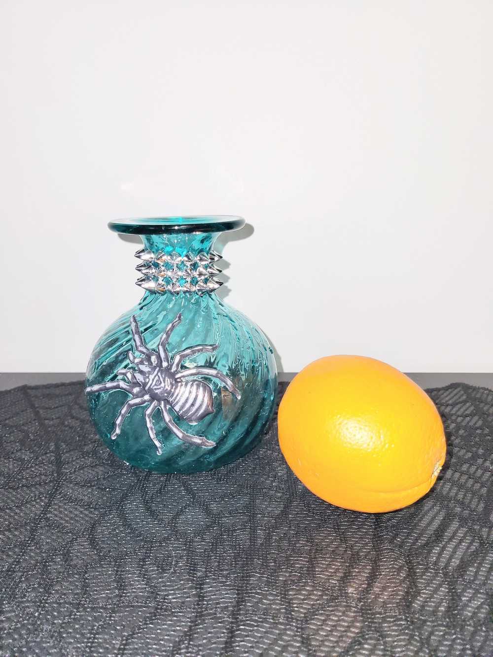 Intense Teal Glass Vase with Shining Silver Studs and a Textured 3D Spider