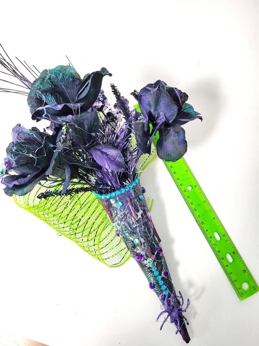 Goth Flower Arrangement, Black & Purple Roses in a Tin Match Cone, with Spiders & Skulls