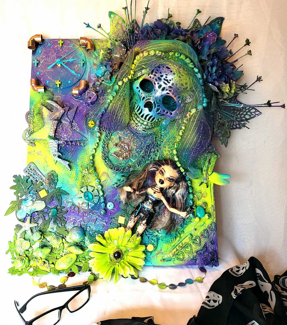 Skull Goddess and The Babe, in Purples & Blues, on 16L x 20W Mixed Media Canvas with Wall Clock