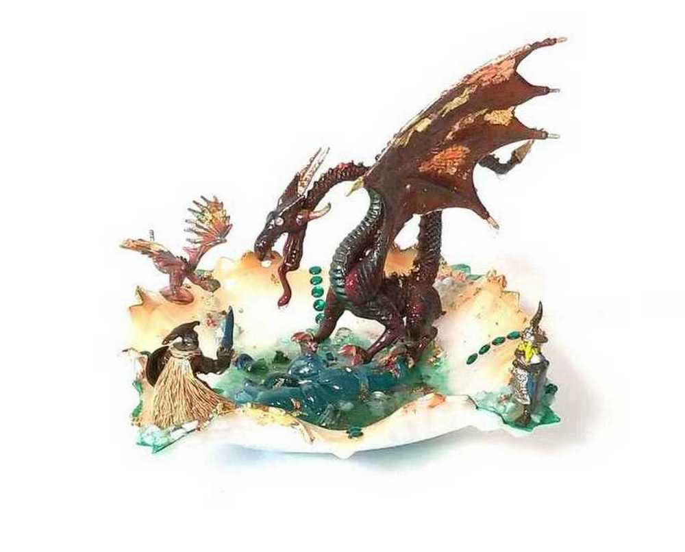 Fire-Breathing Dragon in Antique Glass Dish in a Fierce Fight for Survival