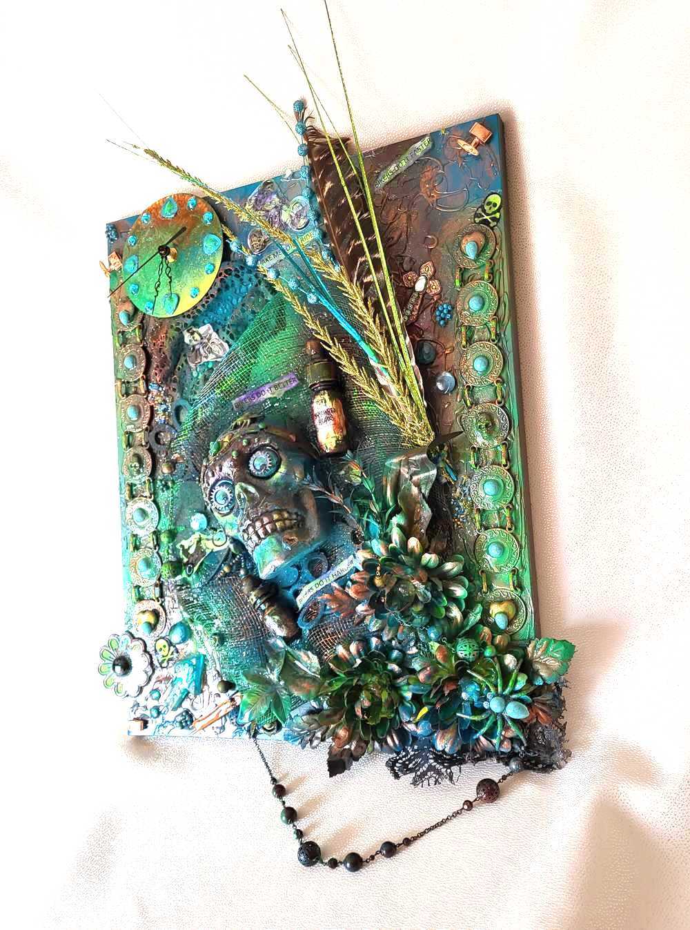 Clock, Voodoo Skull Witch Doctor on 16x20 inch Canvas with Turquoise Beads and Motorcycles