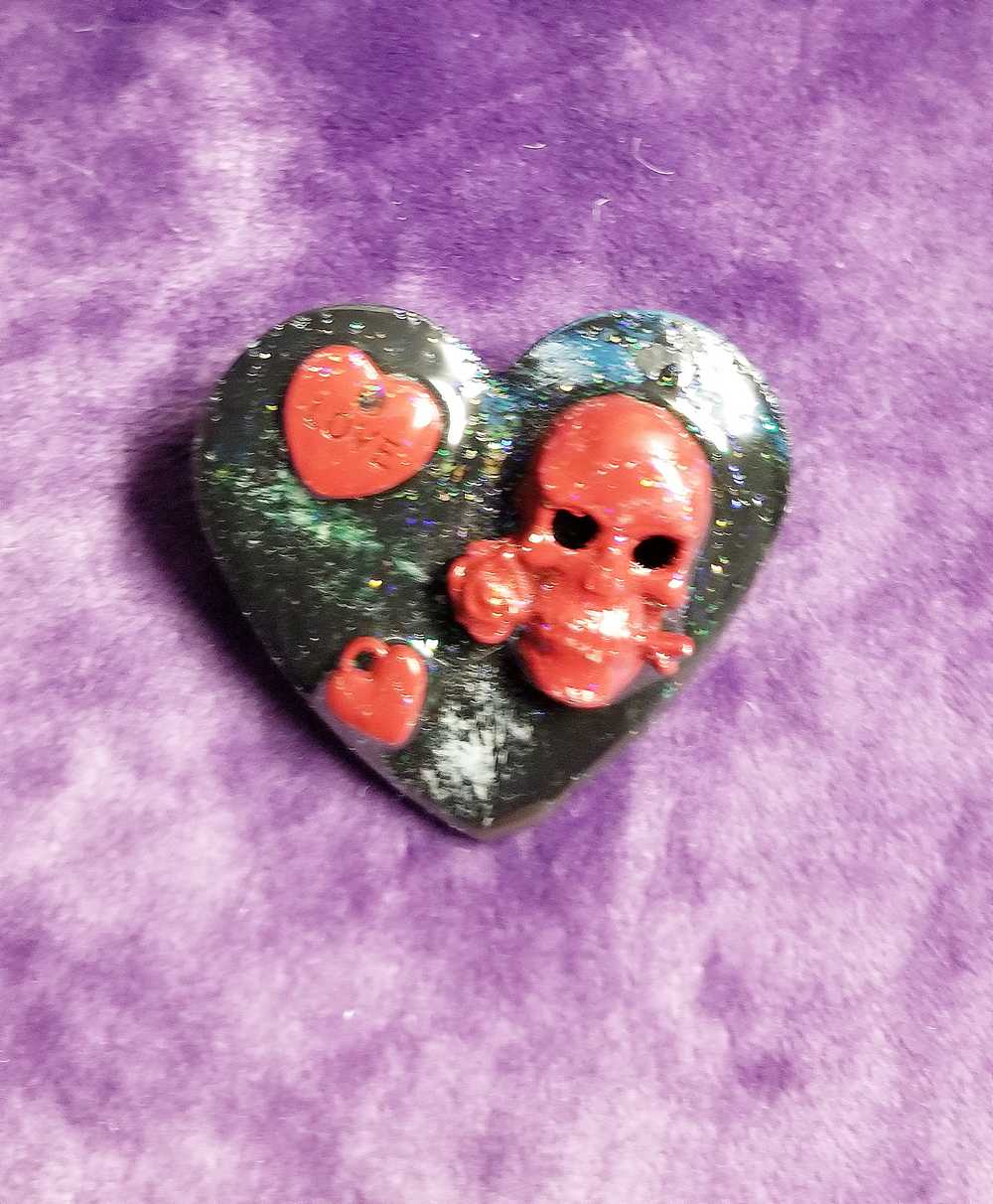 Black Porcelain Heart Shaped Brooch with Red Skull and Heart Charms