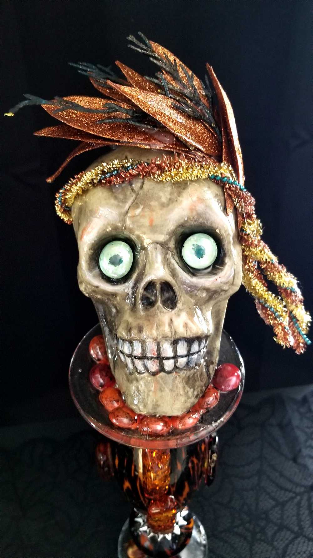 Ellegant Tiger Glass Skull with Silver Studs and Large Amber Beads