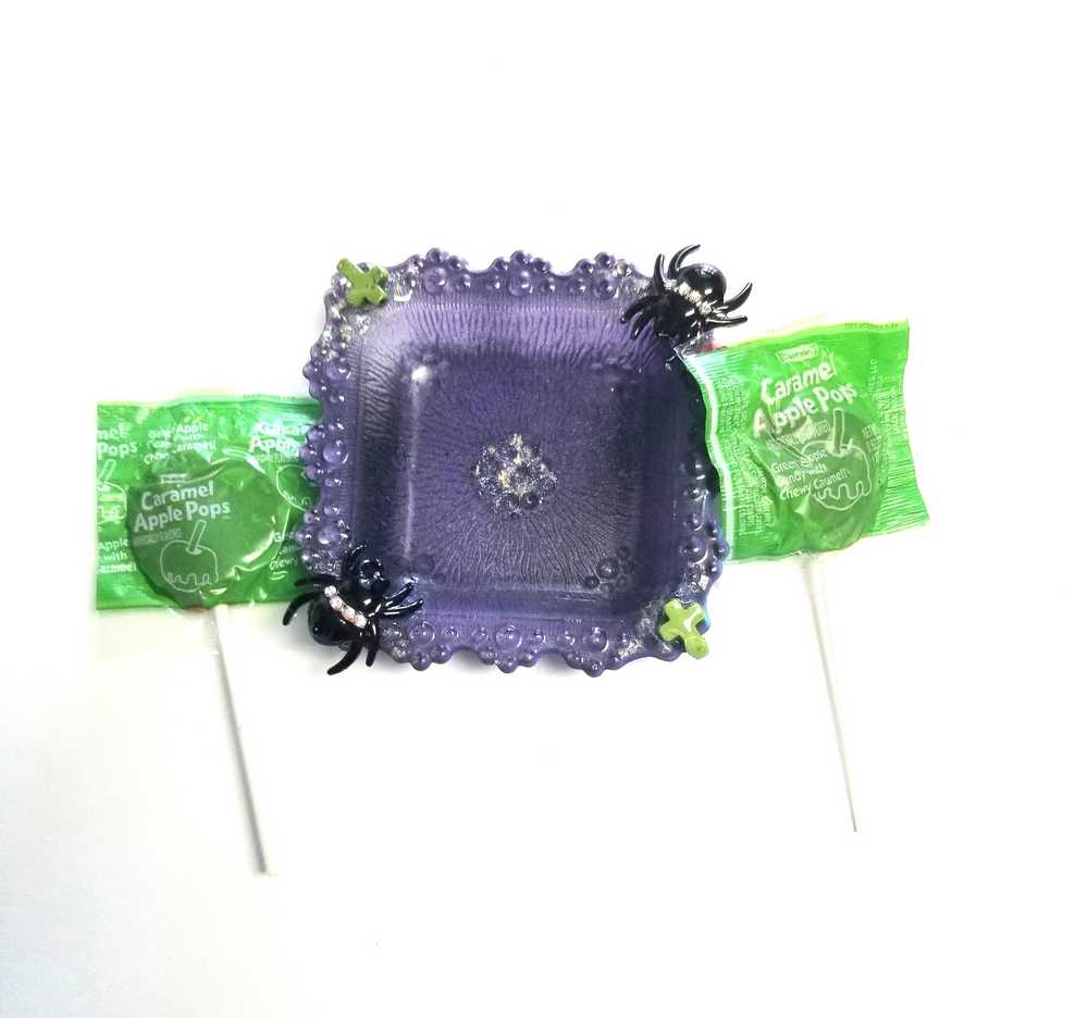 Creepy, Adorable Purple Candle Holder or Candy Dish  with Rhinestone Studded Black Spiders and Green Crosses