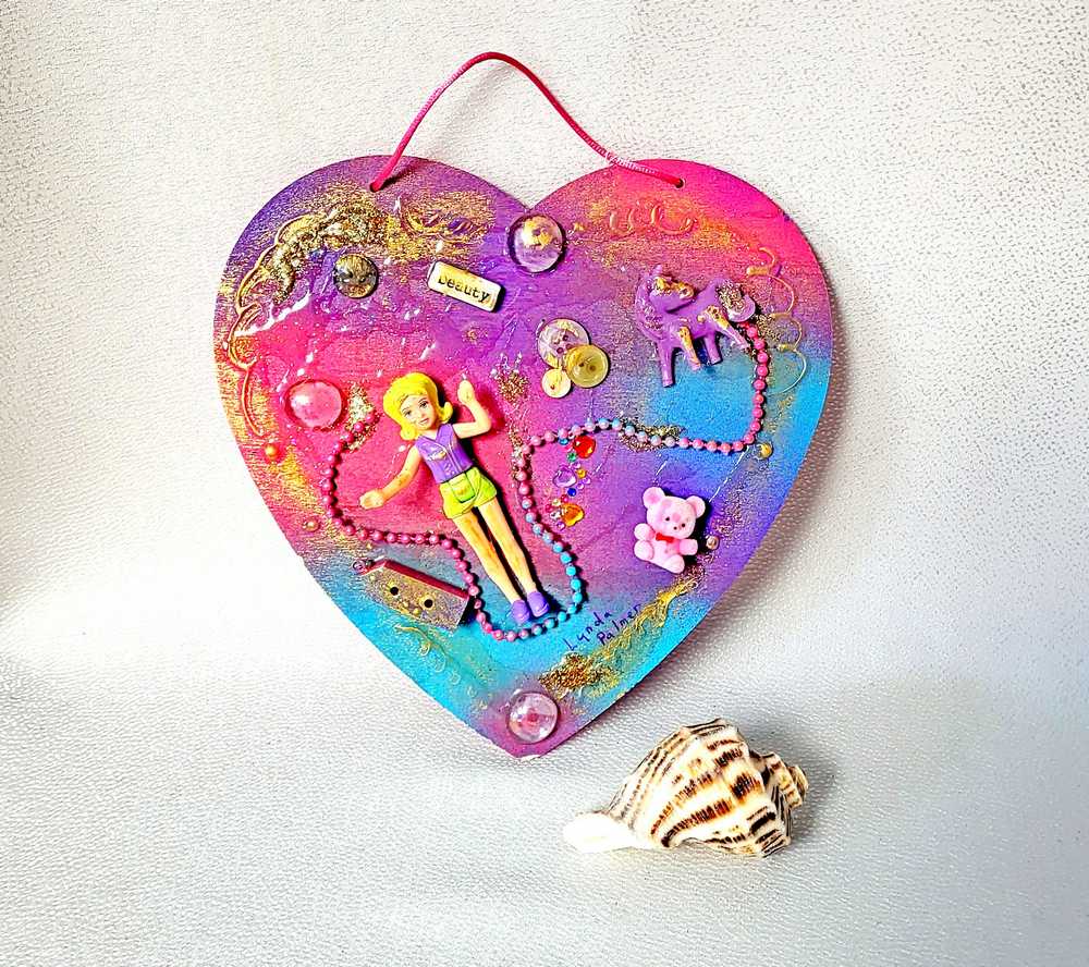 Pink & Blue Child's Art Work for Bedroom, Nursery, Playroom Wall Hanging, Wood Heart with Doll and Unicorn