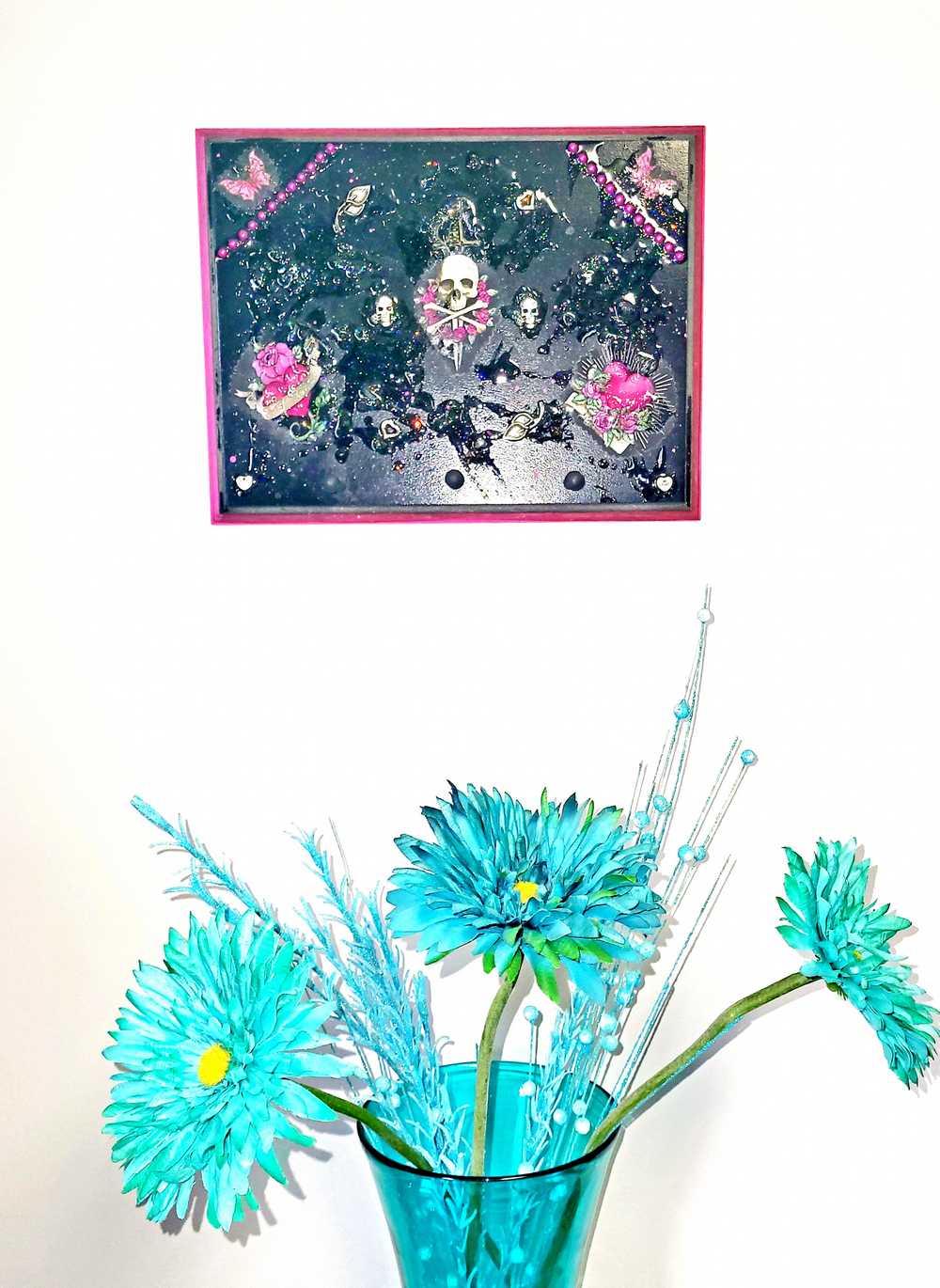 Black Goth Wall Plaque with a Skull with a Sword, Glass and Pink Butterflies