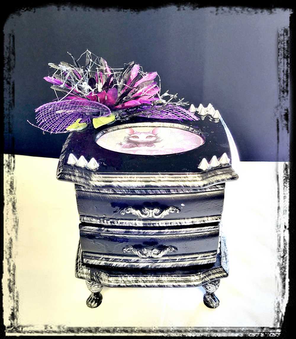 Musical Jewelry Painted Black With Baby Bats, Black & Purple Flower and Silver Spiked Domes