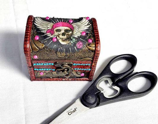 Business Card Holder like no other.  Fabric Skull with Wings Wearing a Burgundy Head Scarf