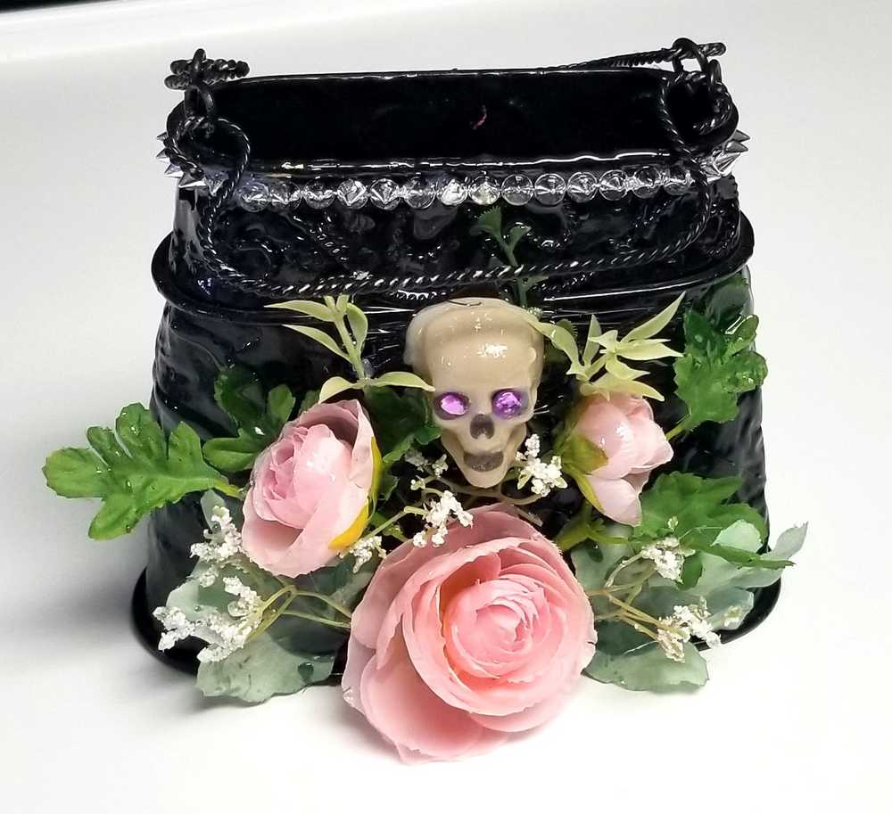 Black Metal Skull Container, with Pink Roses, Container for Dry/Silk Flowers