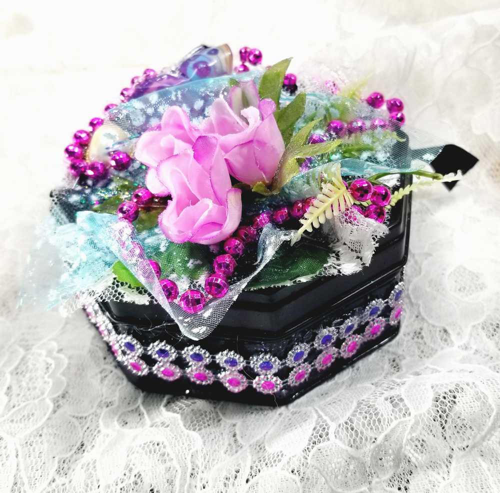 Black Tin Octagon Jewelry, Trinket, Stash Box with Snake Print, Roses and  A Butterfly