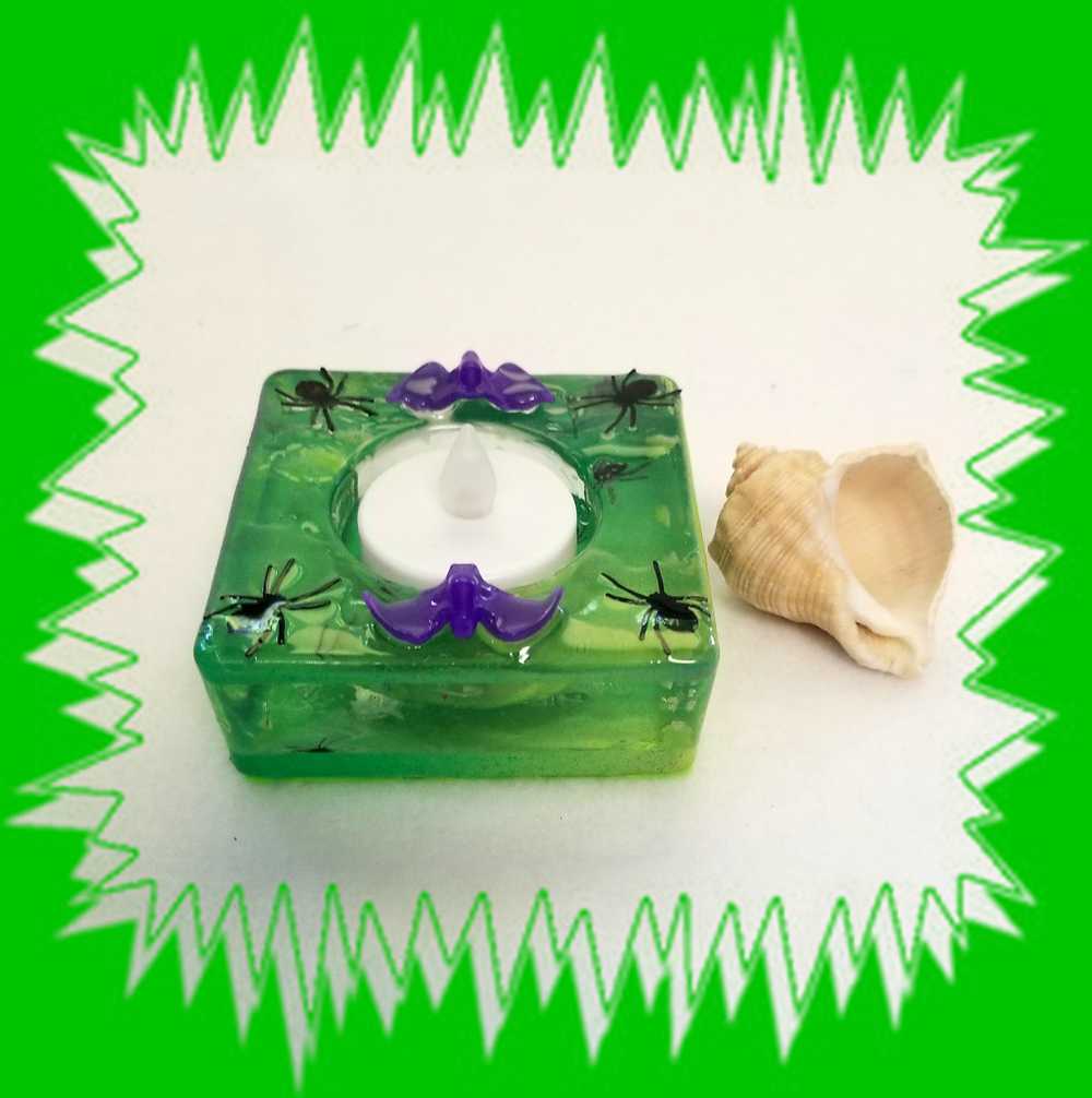 Square Green Candle Holder for a Battery Candle with Black Spiders and Purple Bats