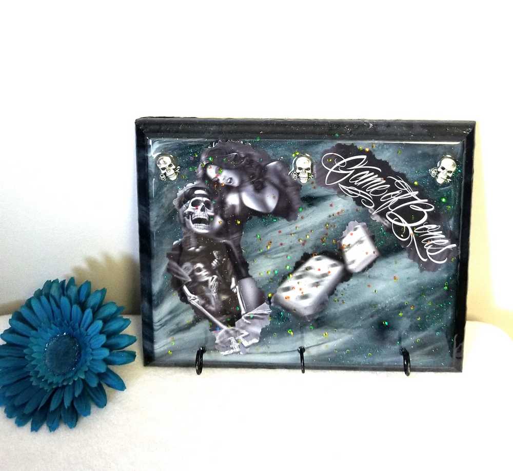 Sexy Girl With Cool Skull, Playing Dominoes on a Wall Plaque, Game of Bones, Goth Punk Decor