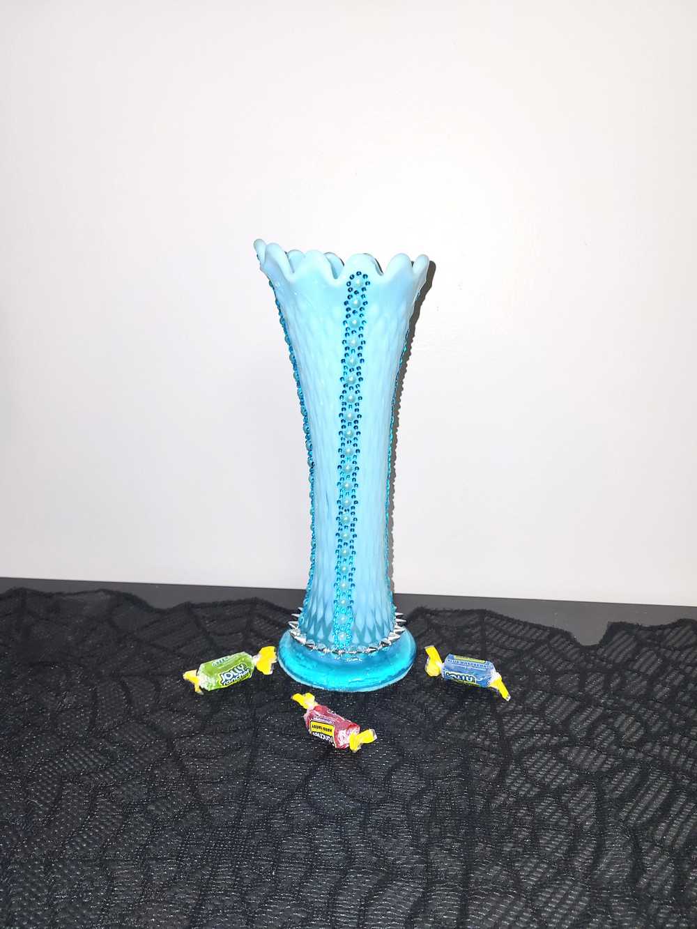 Tall Milky Teal Ruffled Edge Vase with Rows of Teal Flower Sequence Up & Down