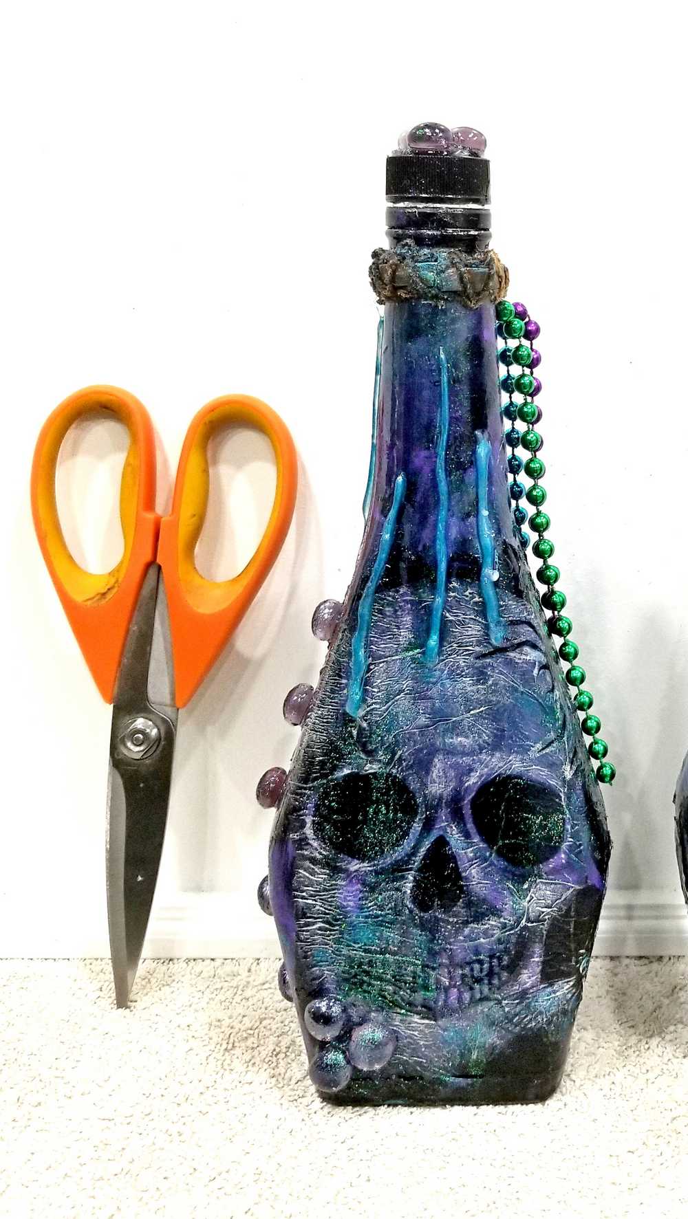 Altered Refillable Glass Bottle, Decoupage Skull Art with Multi Beads and Glass Gems