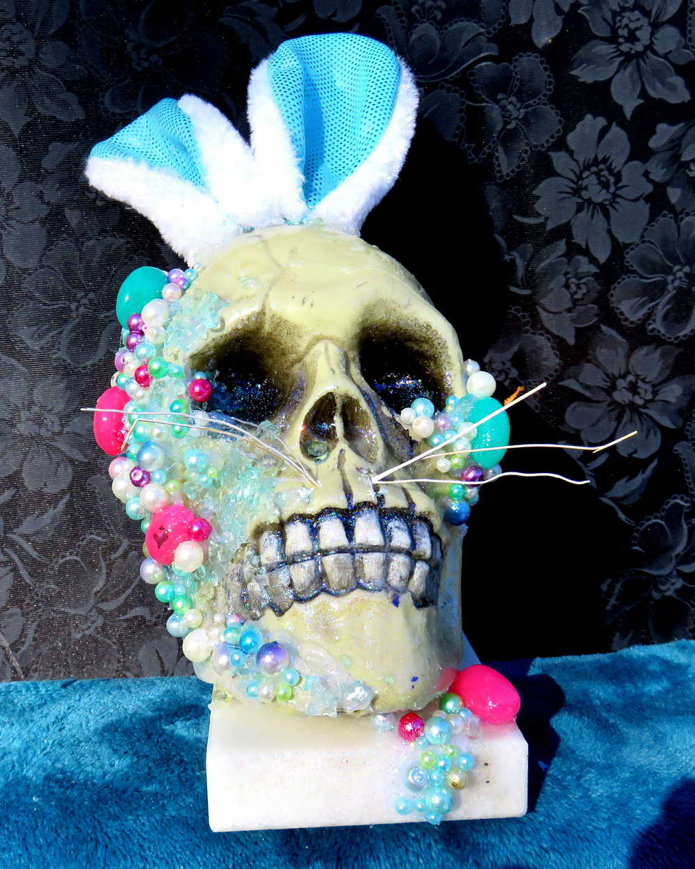 Resin Encased Easter Bunny Skull with Jelly Beans, Pearls & Glitter on a Marble Base