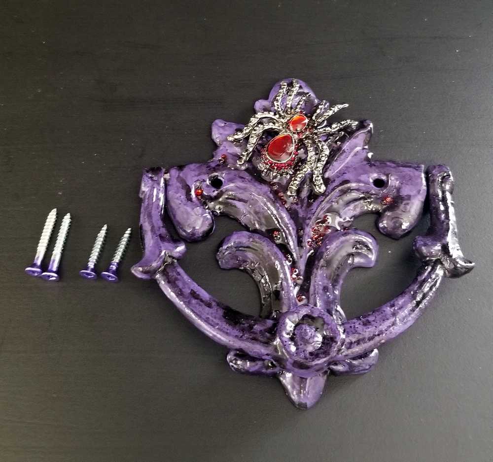 Antique Heavy Metal Door Knocker Painted Deep Purple with Red Studded Gemstone Spider