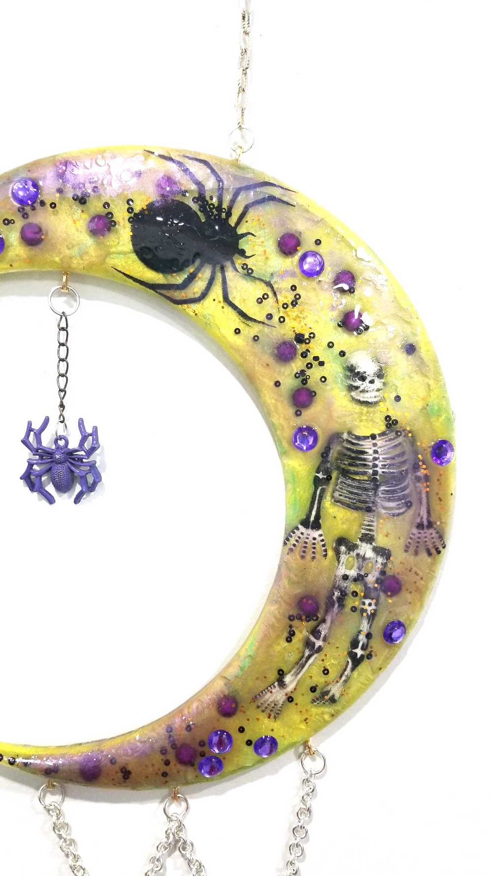 Resin Moon with Purple Beads and Spiders