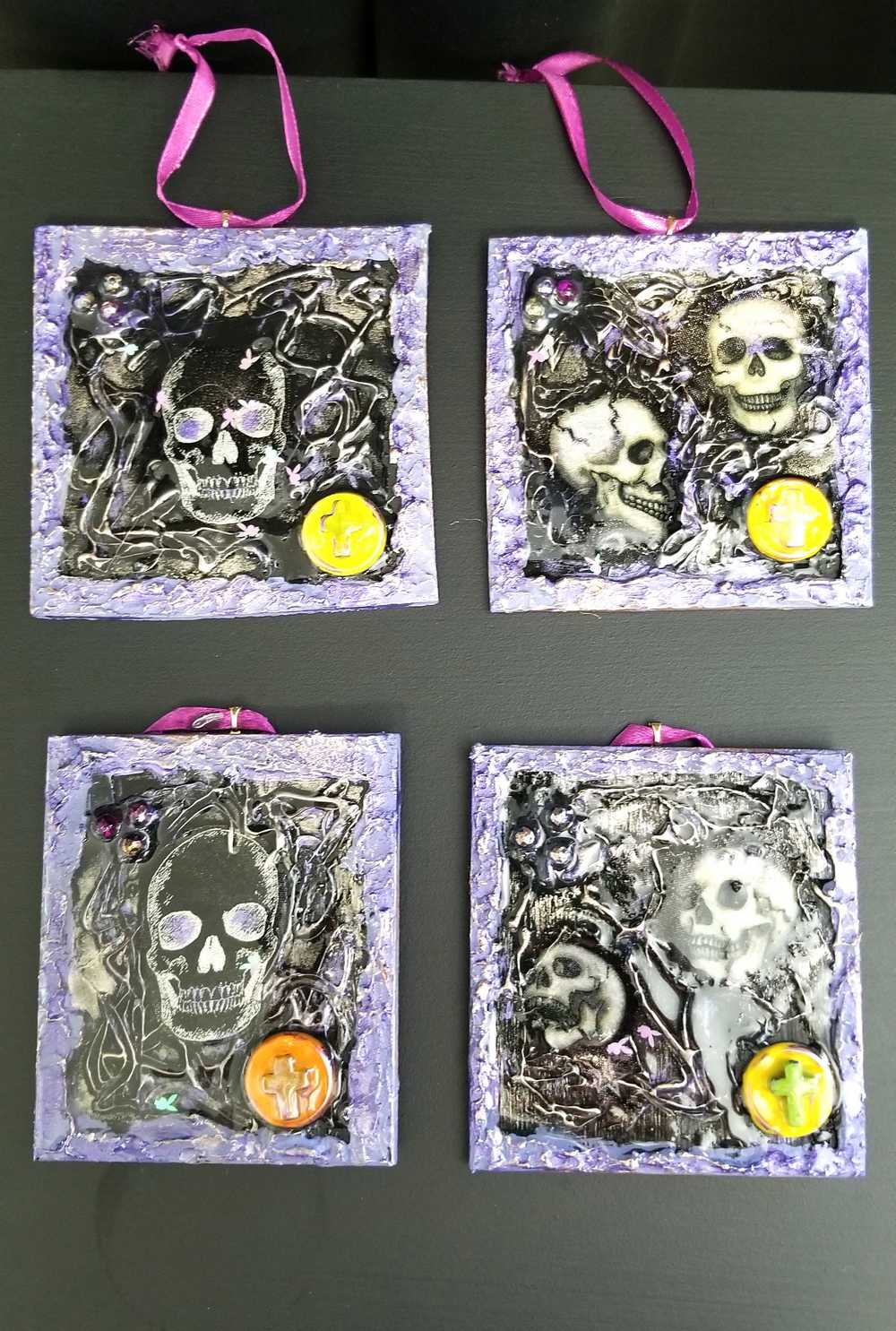 Purple and Black Skull Fabric Faces on Wood Ornaments For your Car, Window, School Locker or Christmas Tree