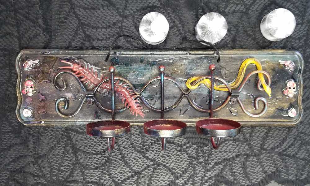 Black Metal Candle Holder, Holds 3 Battery Candles, with a Couple of Skulls, a Creepy Centipede and a Snake