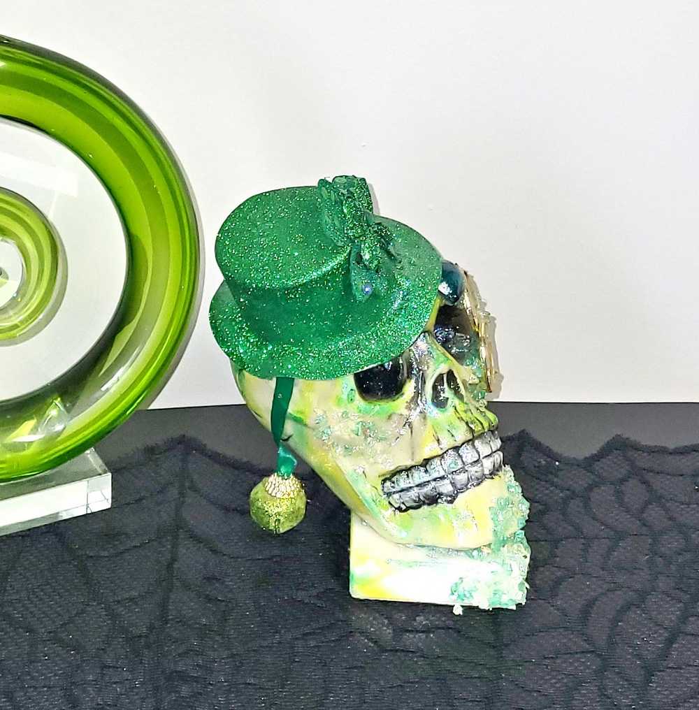 Handmade Resin St. Patrick's Day Skull with Top Hat, Shamrock, Bell & Gold Coins on a Marble Base