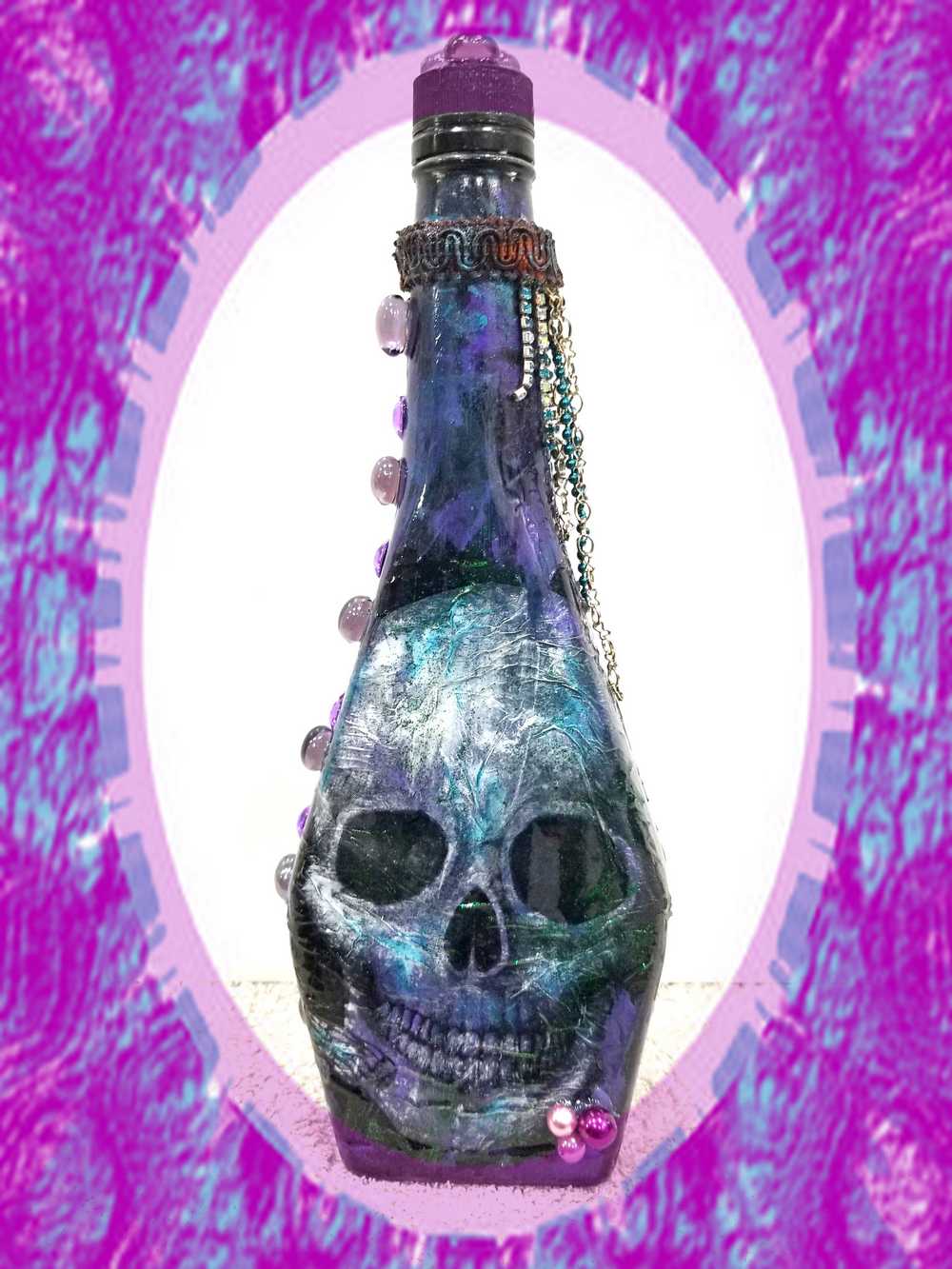 Altered Glass Bottle, Decoupage Skull Art Bottle for Re-Use