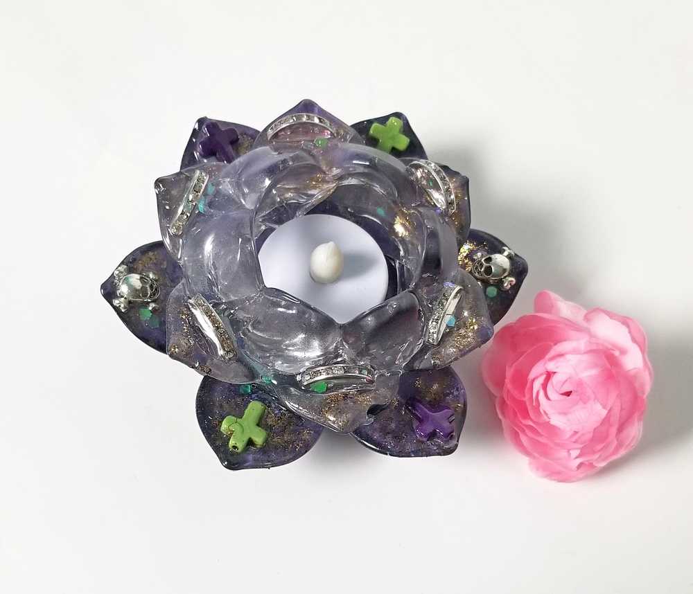 Rose Petal Glass Painted Purple Candle Holder for Battery Operated Candles with Cross & Bone Charms