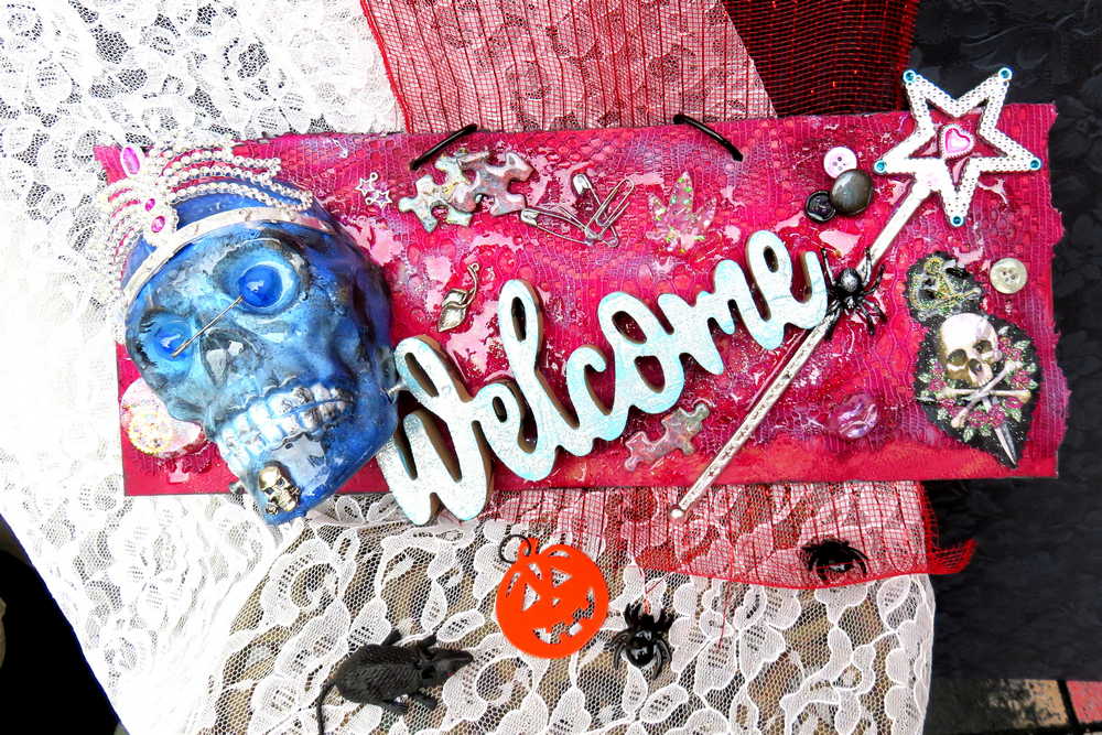 Welcome Sign with Skull Wearing a Crown of Jewels and Her Scepter, Home Decor Wall Hanging