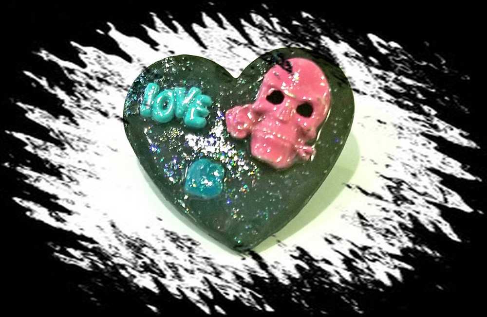 Black Porcelain Heart Shaped Brooch with a Pink Skull and a Teal Heart & Love Charm