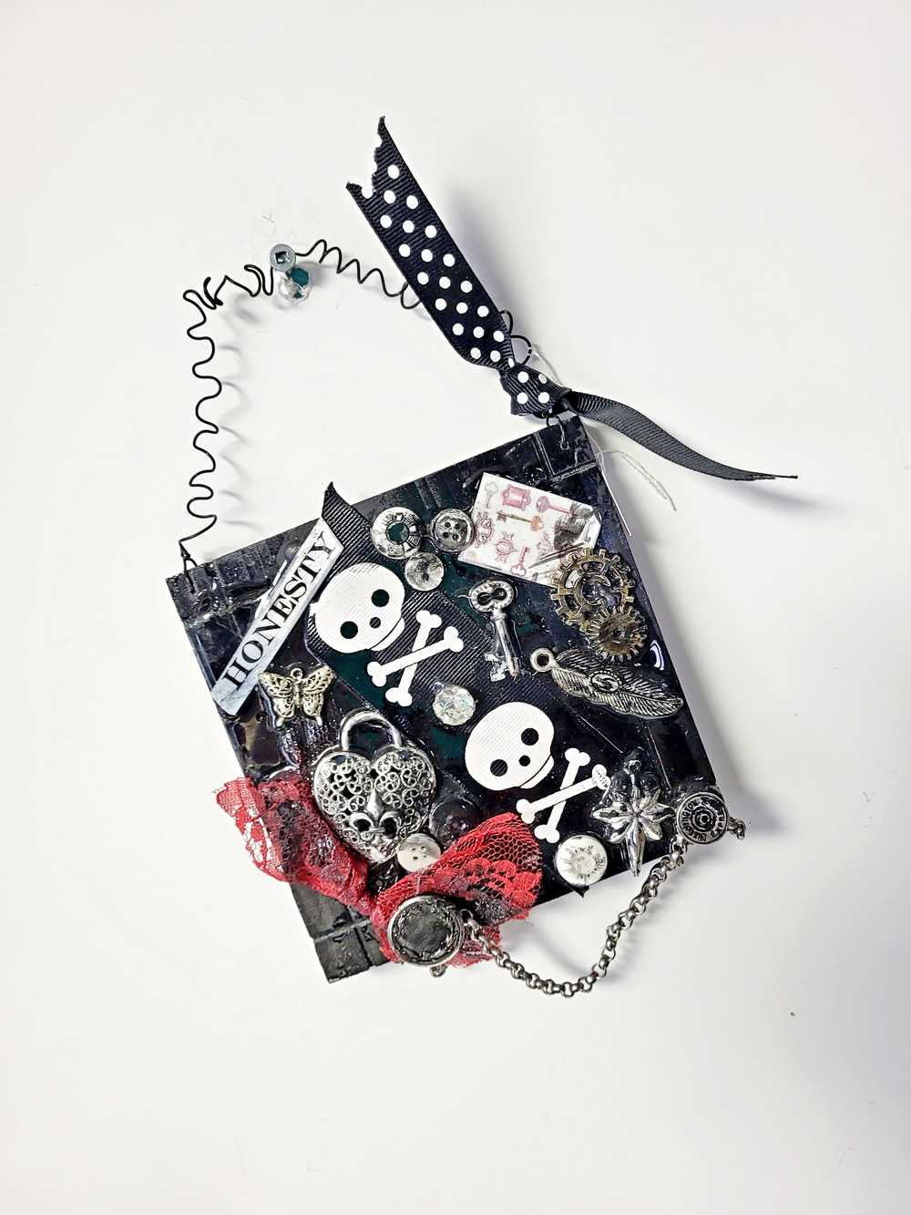 Black Wall Plaque with Skull & Bones Ribbon, Honesty Sign, Recycle Jewelry, Keys & Gears, Punk Goth Sign