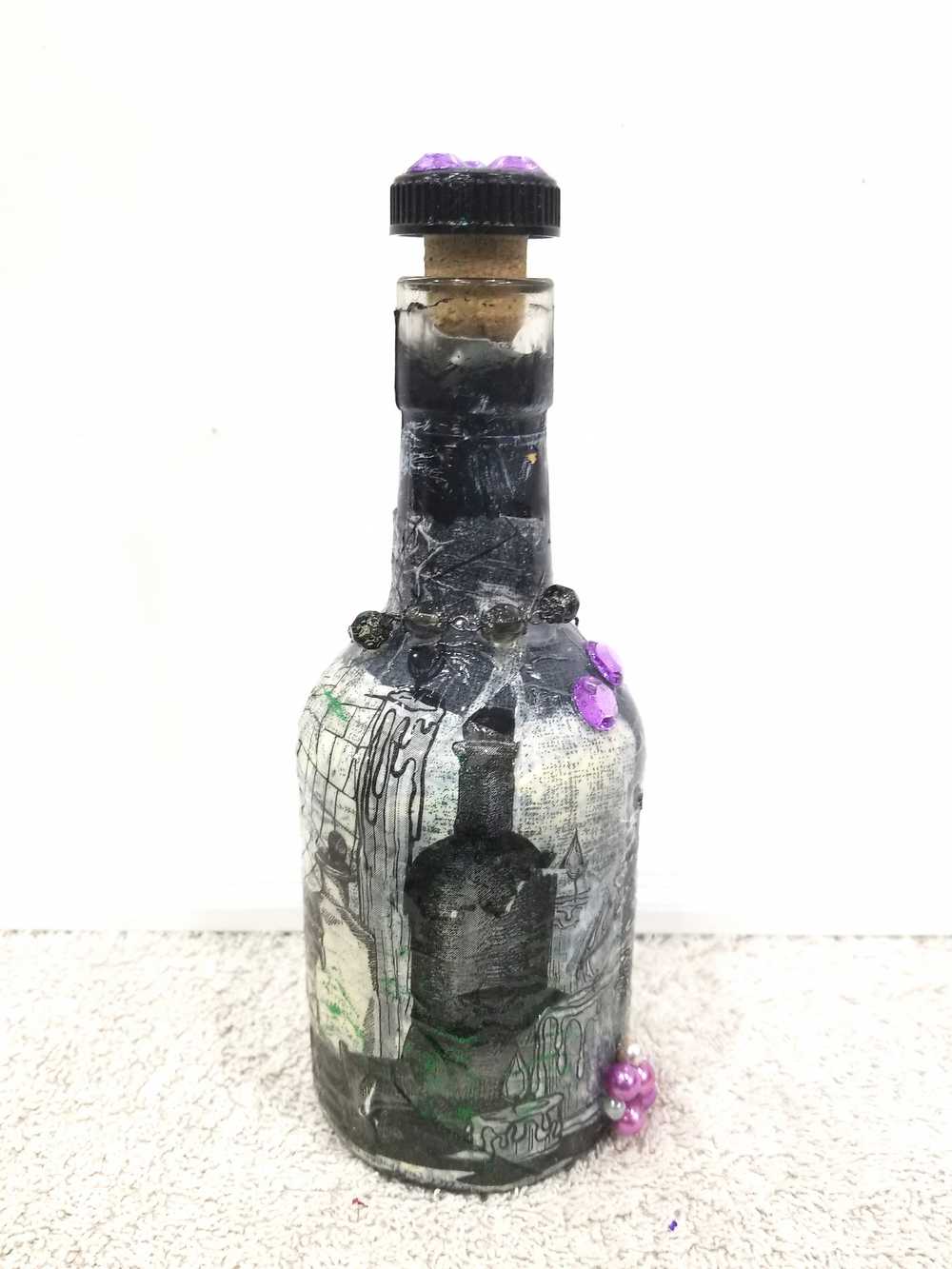 Altered Glass Bottle, Decanter, with a Crow, Chain with Keys, Purple Gems, Re-Usable