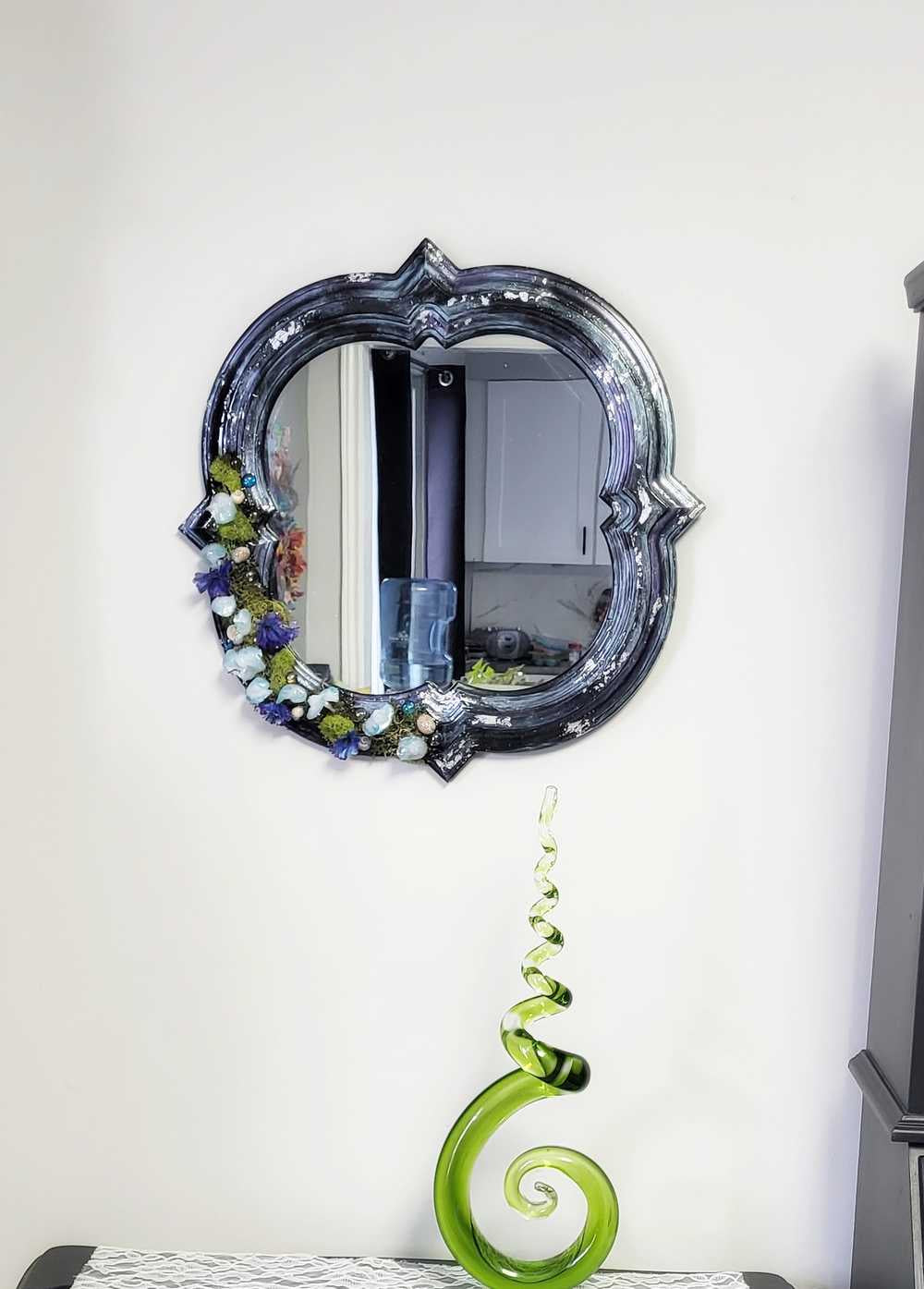 Black Hand Painted Unique Shaped Wall Mirror with Handmade Mushroom Colored Lights, 3 Settings