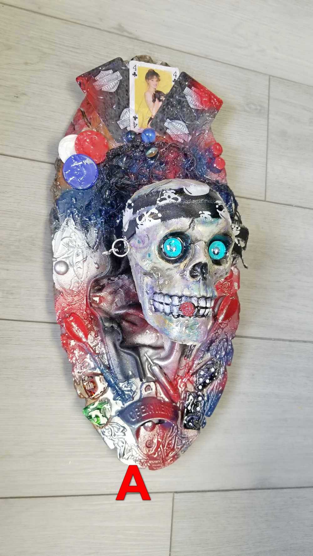 Skull Head Bottle Opener on Oval Slab of Wood, Surrounded by Darts, Dice, Poker Chips, Girlie Playing Cards, Smoking a BIg One