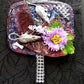 Black Studded Hand Held Mirror with Rats and Purple Flowers. Punk Art